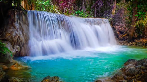 chute d’eau et les feuilles changent de couleur. - national park kanchanaburi province thailand waterfall photos et images de collection