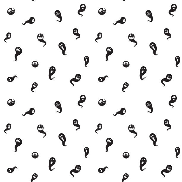 Vector illustration Black white seamless background abstract pattern halloween party Vector illustration Black and white seamless background abstract pattern for halloween party with ghost, skull and zombie. Flat silhouette style sperm-smiling stock illustrations