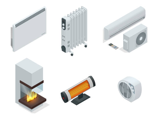Isometric set of electric radiator or electric heaters. Isometric set of electric radiator or electric heaters. Home climate equipment icons fireplace, oil heater with screen controls. Can be used for advertisement, infographics electric heater stock illustrations