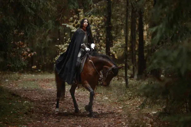 A beautiful warrior girl with a sword wearing chainmail and armor riding a horse in a mysterious forest