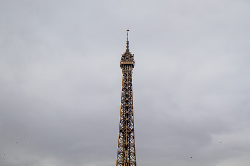 A minimalist shot of the eiffel tower against a grey overcast sky