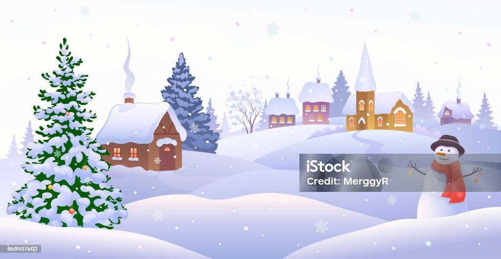 Christmas village with snowman Vector illustration of a Christmas village scene with a cute snowman Christmas stock vector