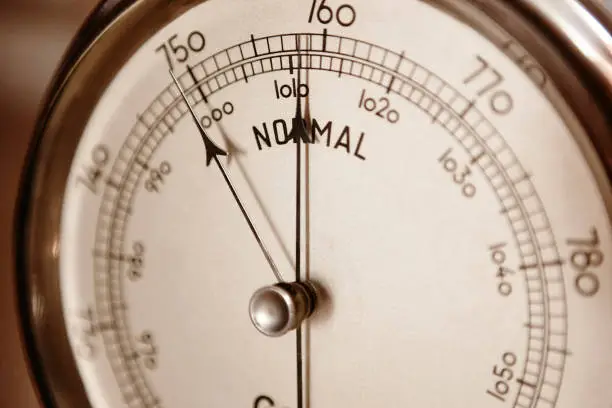 Classic barometer detail. Air pressure measure instrument. Weather information. Horizontal