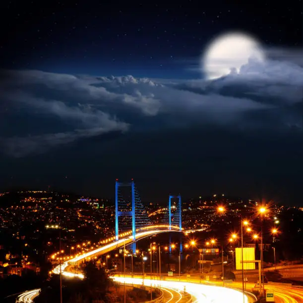 Istanbul Turkey Nights, Istanbul Bosporus Bridge with clouds and moon