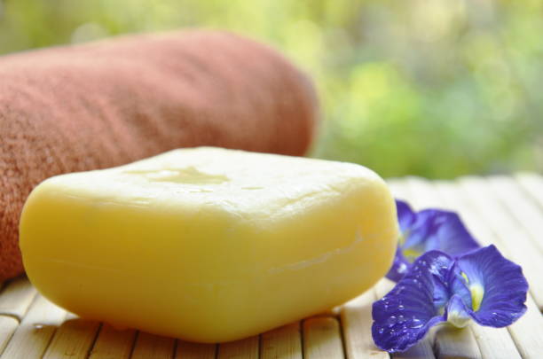 istock soap and towel with butterfly pea violet flower 868462272