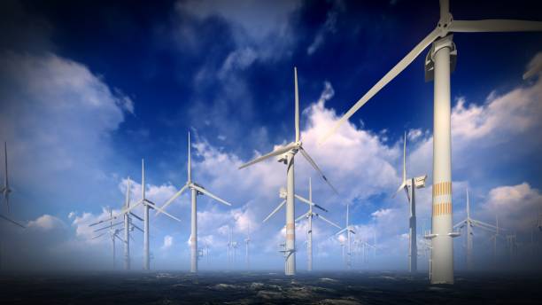 istock Dusk skies over windmill turbines farm 3d rendering 868462376