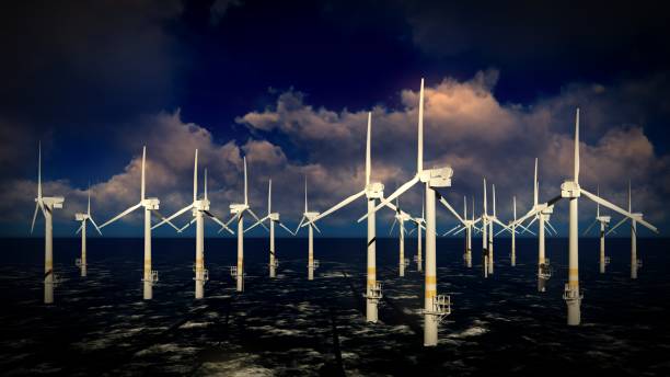 istock Dusk skies over windmill turbines farm 3d rendering 868462876