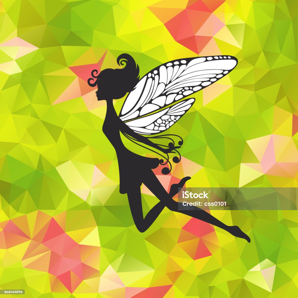 Little pixie with wings on triangle background Silhouette of little fairy with wings on a nateure abstract triangle background. Vector pixie girl fantasy character. Cartoon fairytale creature on a green background Fairy stock vector