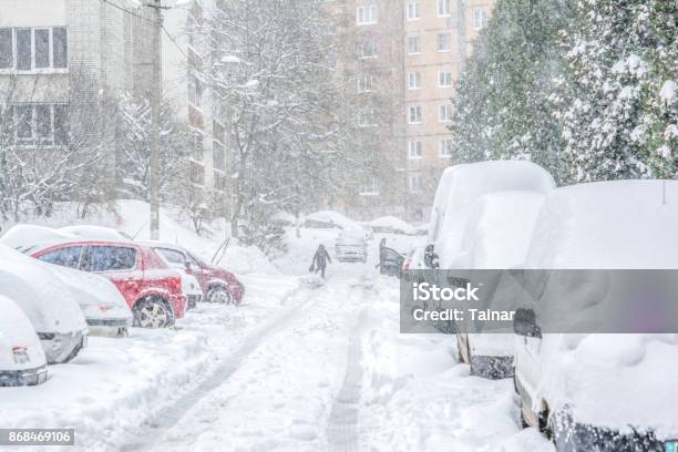 Snowcovered Street Snowstorm Stock Photo - Download Image Now - Blizzard, Snow, Winter