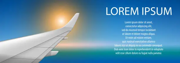Vector illustration of Banner of a plane wing on sunset. Brochure in tourism theme. Travel agency advertisement airplane poster design. Vector illustration
