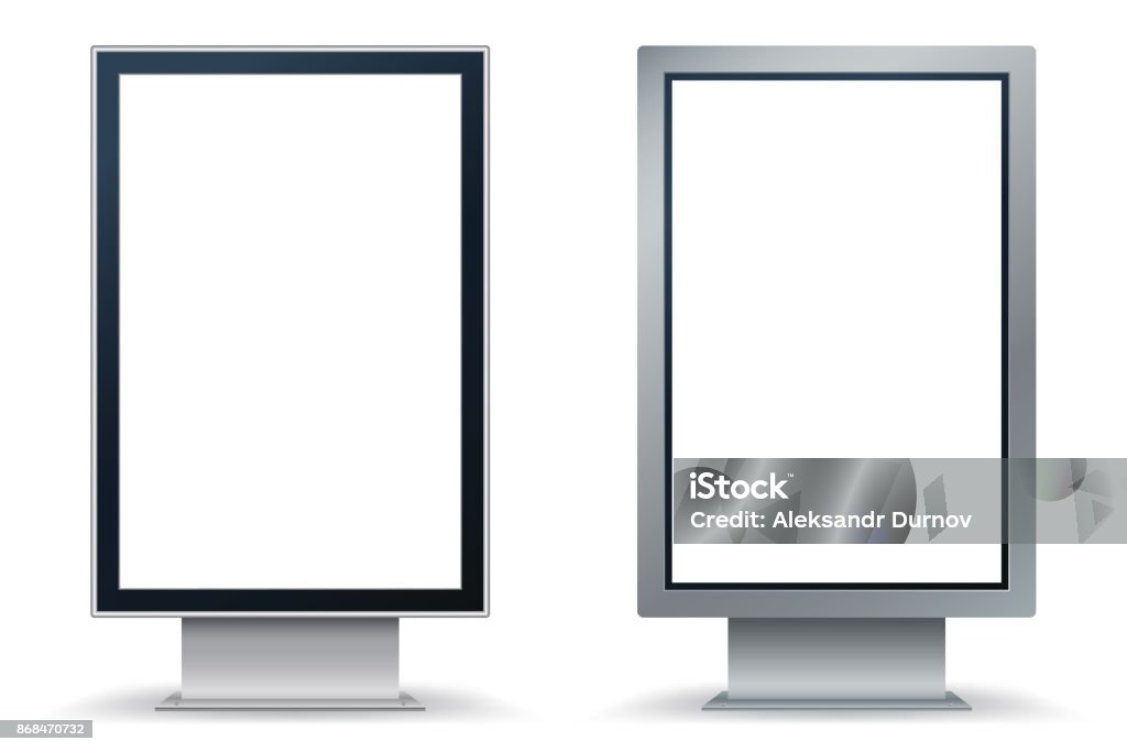 City Format mock up isolated on white background. City Lightbox with black and silver frame. Vertical blank billboard for demonstration of design. Easy editable template. Vector illustration. Eps 10 Billboard stock vector