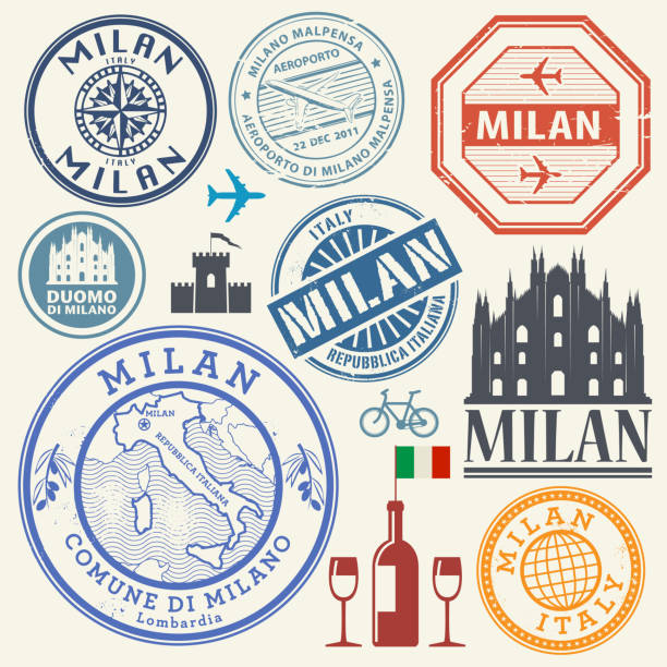 illustrazioni stock, clip art, cartoni animati e icone di tendenza di francobolli o simboli impostano italia, milano - milano