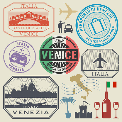 International business travel visa stamps or symbols set Italy Venice theme vector illustration