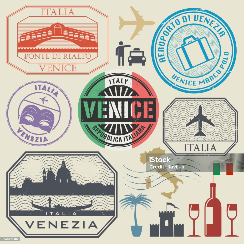 Stamps or symbols set Italy, Venice International business travel visa stamps or symbols set Italy Venice theme vector illustration Italy stock vector