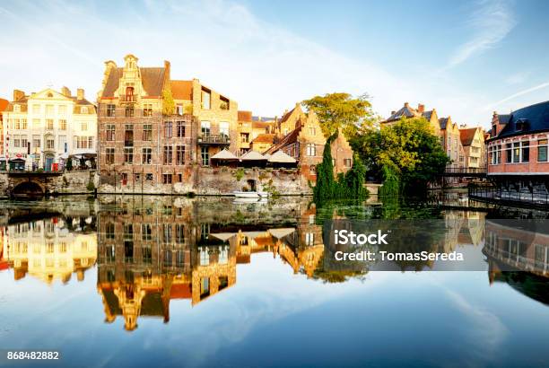 Belgium Ghent Canal And Medieval Buildings In Popular Touristic City Stock Photo - Download Image Now