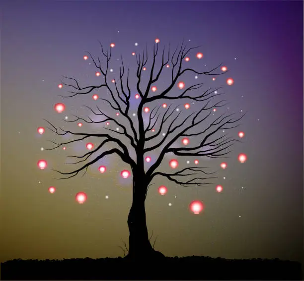 Vector illustration of single fairy tree with red lanterns and sparkles, tree and fireflies in the evening,