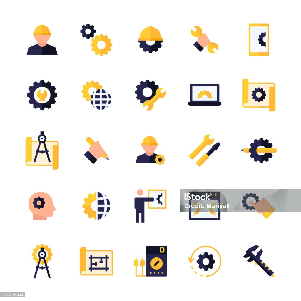 Engineering and manufacturing icon set in flat style. Vector symbols. Engineer stock vector