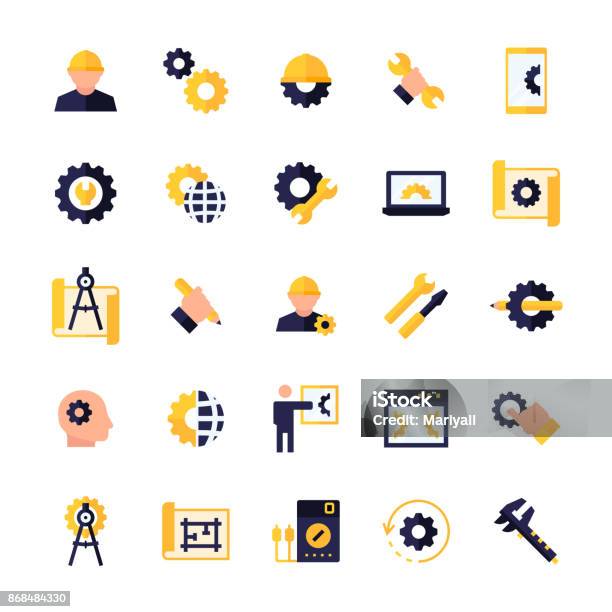 Engineering And Manufacturing Icon Set In Flat Style Vector Symbols Stock Illustration - Download Image Now