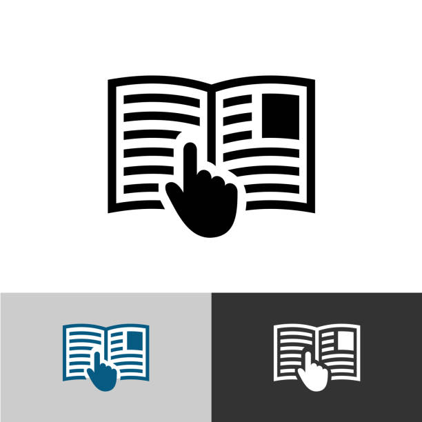 ilustraciones, imágenes clip art, dibujos animados e iconos de stock de icono de manual de instrucciones. páginas de libro abierto con texto, imágenes y mano puntero cursor el símbolo. - guidance