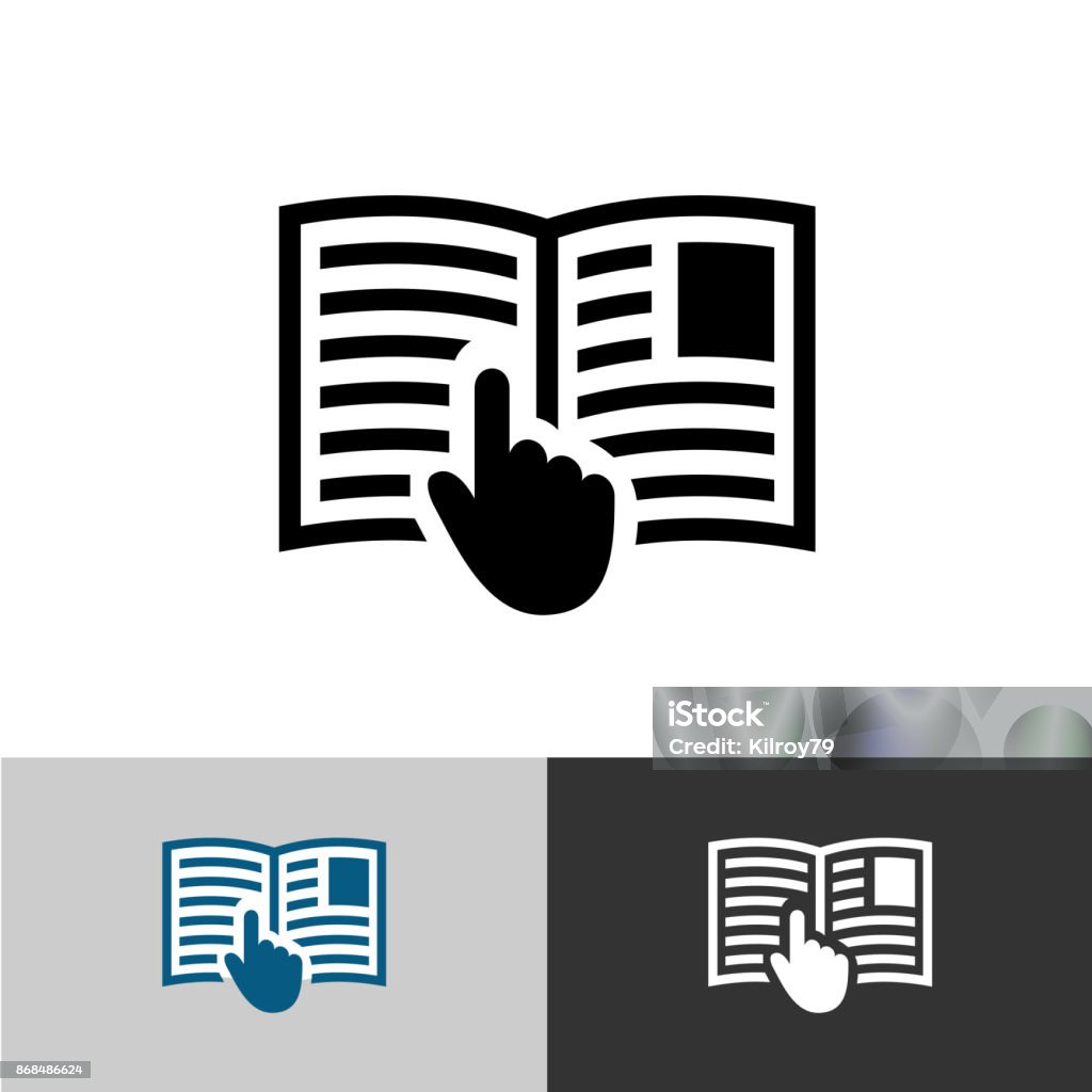 Instruction manual icon. Open book pages with text, images and hand pointer cursor symbol. Guidance stock vector