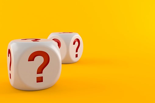 Dice with question marks isolated on orange background