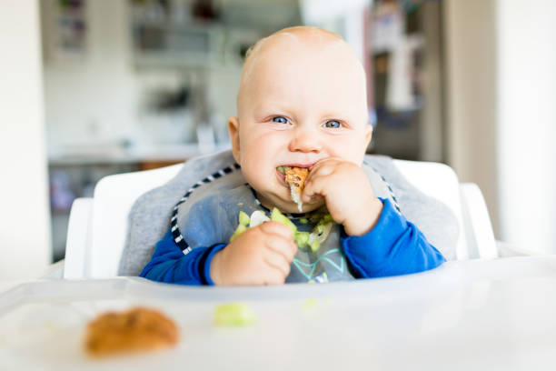 Baby boy eating with BLW method, baby led weaning stock photo