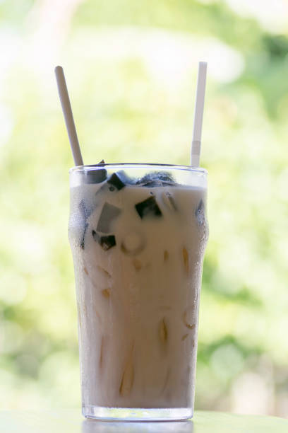 Grass Jelly in Milk Tea on the wooden  table.