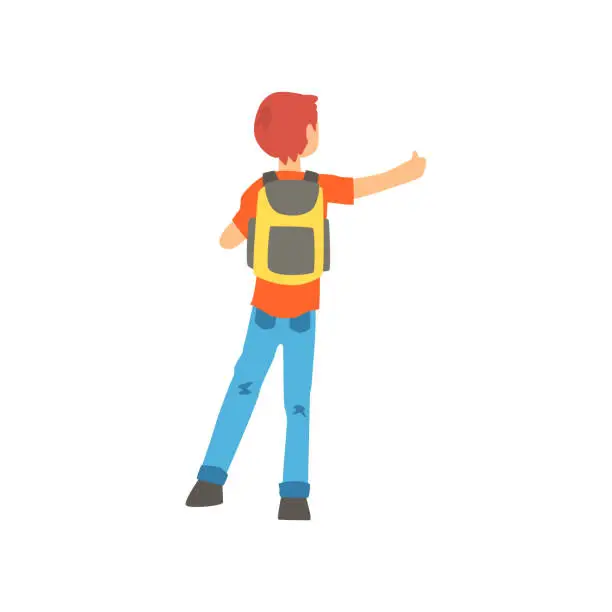 Vector illustration of Young male hitchhiker traveling with backpack, man trying to stop a car on a highway by hand, back view, travelling by autostop cartoon vector Illustration