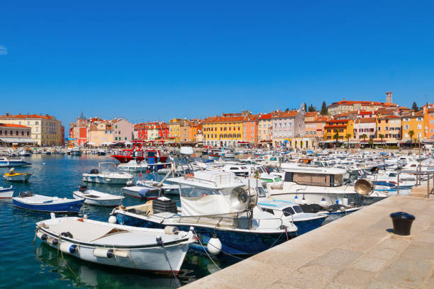 Beautiful medieval town of Rovinj, colorful  with houses and  harbor Beautiful medieval town of Rovinj, colorful  with houses and  harbor in Croatia rovinj harbor stock pictures, royalty-free photos & images