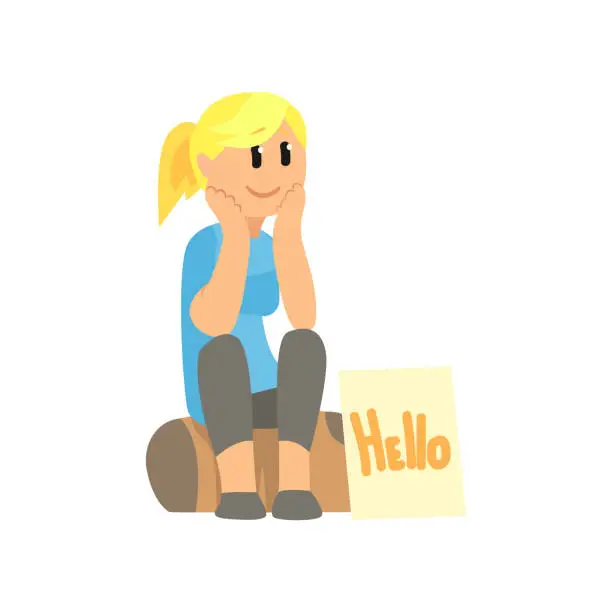 Vector illustration of Cartoon female traveler hitchhiker, girl trying to stop a car while sitting on a highway with banner, travelling by autostop vector Illustration