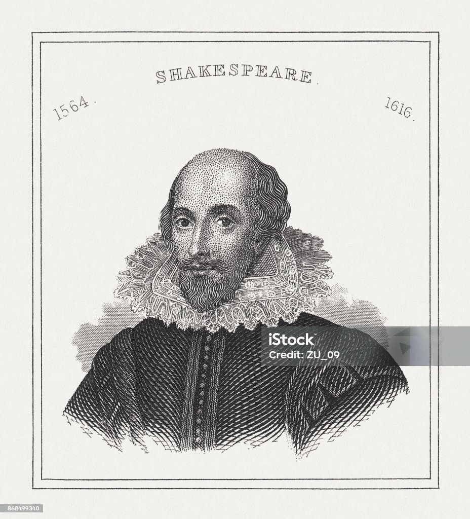 威廉莎士比亞 (c. 1564-1616), 英國詩人, 鋼雕刻, 出版于1843年 - 免版稅威廉·莎士比亞插圖檔
