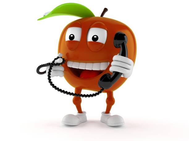 Apple character holding a telephone handset isolated on white background