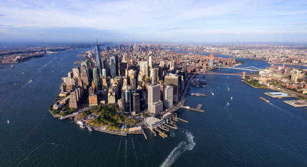 helicopter aerial view of manhattan Aerial view of downtown district of manhattan. New York lower manhattan stock pictures, royalty-free photos & images
