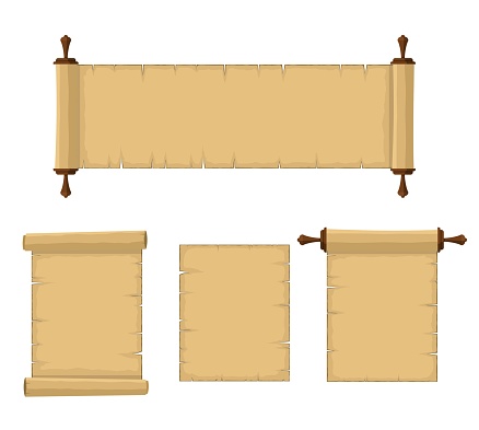 Blank old scrolls of papyrus paper set isolated on white background. Blank retro papyrus sheet in flat style, illustration of ancient parchment. Vector illustration