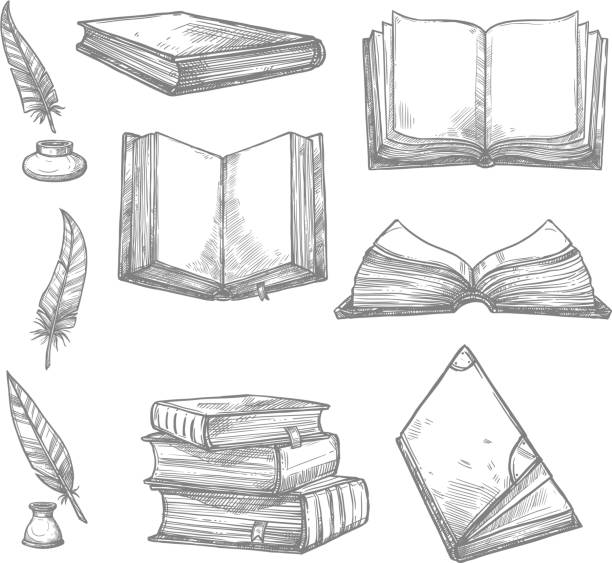 illustrations, cliparts, dessins animés et icônes de icônes de croquis de vecteur de vieux livres et manuscrits - pen literature quill pen ink well