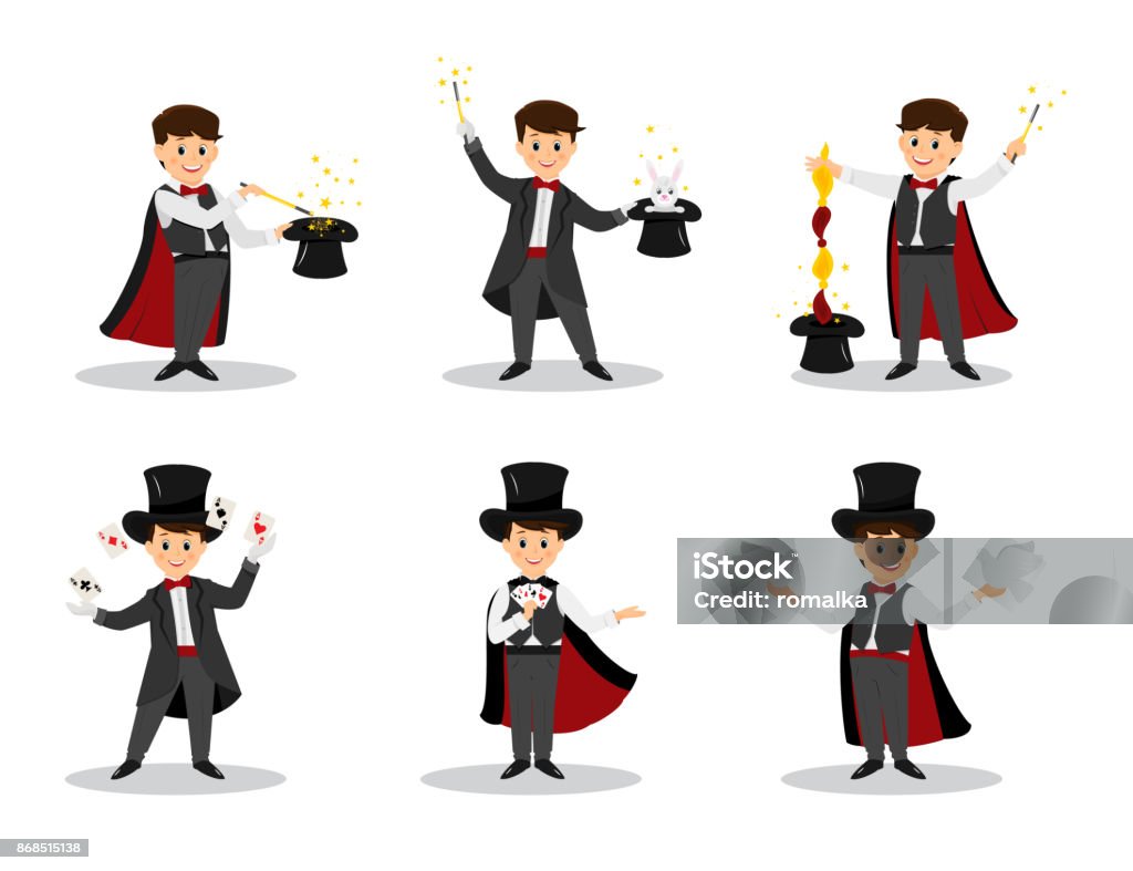 Set of magicians Collectoin of magicians.Magicians with doves, playing cards, magic winds and hats.Isolated on white background. Cartoon style. Vector illustration Magician stock vector