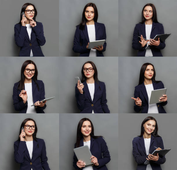 Collage of business woman emotions Set of different emotions of business woman in formal suit. Young female employee using gadgets and grimacing on camera. Happy, smiling, playful and serious portraits formal portrait photos stock pictures, royalty-free photos & images