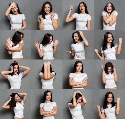 Emociones set de mujer joven en el fondo de estudio photo