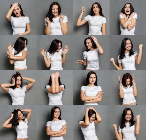 emociones set de mujer joven en el fondo de estudio - gesturing fotografías e imágenes de stock