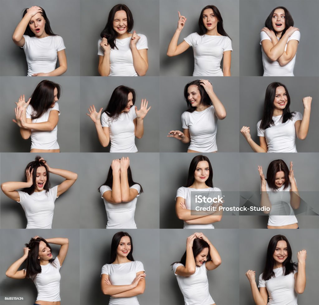 Emotions set of young woman at studio background Set of young girl emotions. Casual brunette woman grimacing and gesturing on camera at gray studio background. Happiness, fear, surprise, disgust. Positive and negative feelings Gesturing Stock Photo
