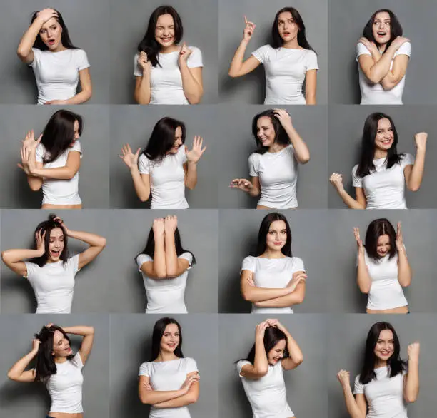 Set of young girl emotions. Casual brunette woman grimacing and gesturing on camera at gray studio background. Happiness, fear, surprise, disgust. Positive and negative feelings
