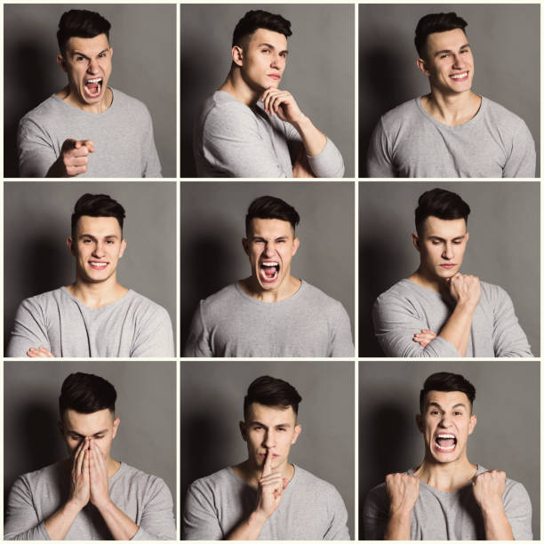 istock Set of young man different emotions at gray studio background 868516076