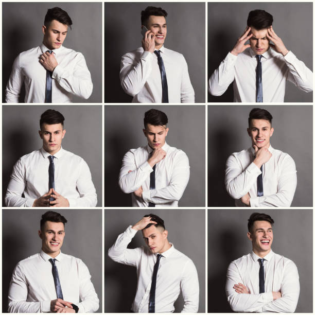 Set of young man different emotions at gray studio background