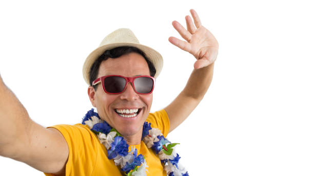 istock Nice guy taking a selfie. He's on his feet. Isolated on white background.
