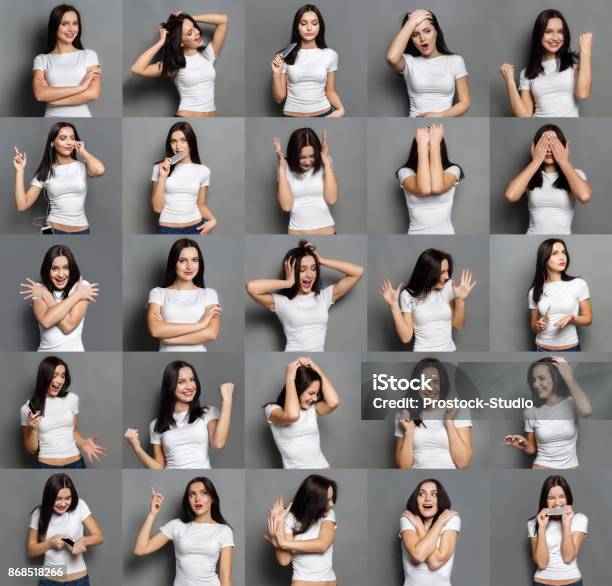 Emotions Set Of Young Woman At Studio Background Stock Photo - Download Image Now - Multiple Image, Women, Happiness