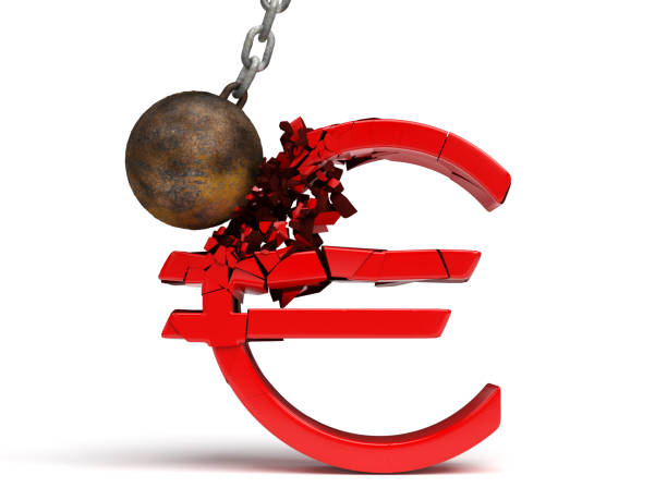 вредительство мяч уничтожить огромный блестящий красный знак евро (3d иллюстрация) - european union coin european union currency euro symbol coin стоковые фото и изображения