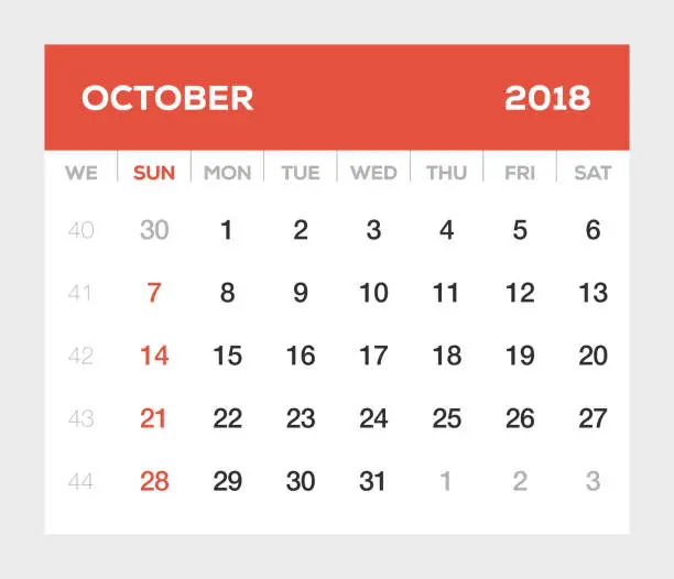 Vector illustration of October 2018 Calendar