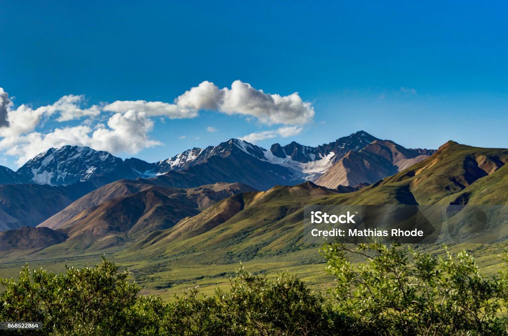 View towards grassland Tundra and Mountain range in Denali Natio Photo taken in Denali National Park Alaska, United States of America. Denali National Park is the largest National Park in the United States and is home to a incredible variety of animals and plants. Alaska - US State Stock Photo