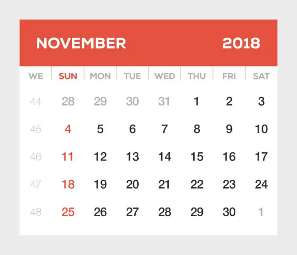 Vector illustration of November 2018 Calendar