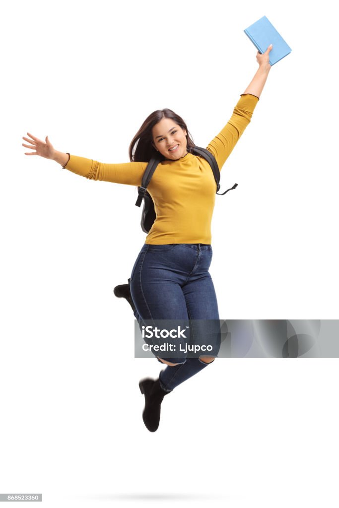 Estudiante Alegría Saltando Y Gesticular Felicidad Foto de stock y más banco de imágenes de Saltar - Actividad física - Saltar - Actividad física, Estudiante, Fondo blanco - iStock